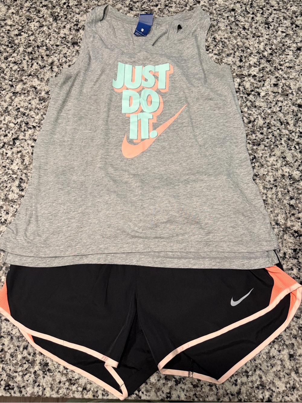 Nike Gray Tank with Mint & Coral Logo and Black Shorts with Coral Trim